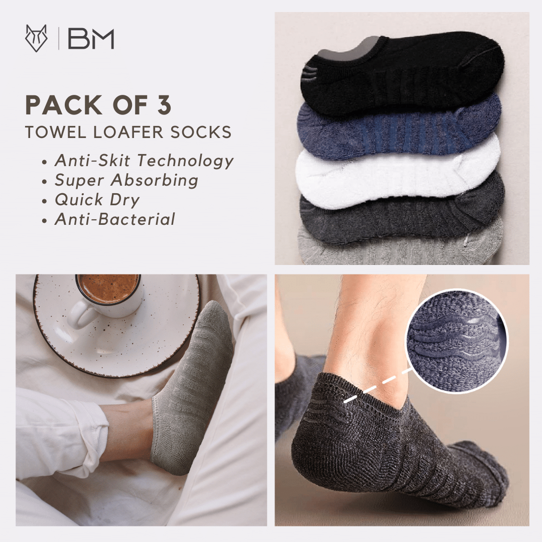 Pack of 3 | No-Show | Loafer Length Towel Socks | (Size UK 6-10) - Body Mechanics